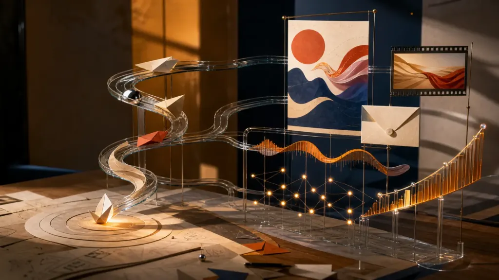Artistic marketing campaign system turning one idea into visual, video, email, audio, audience, and analytics outputs