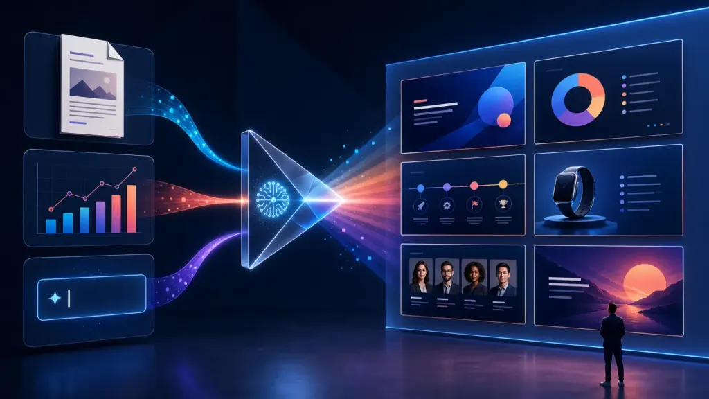 AI transforming documents, data, and prompts into a polished presentation deck