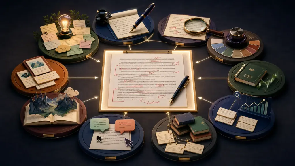 Ten AI writing tasks surrounding one edited manuscript, representing the best AI writing tools in 2026