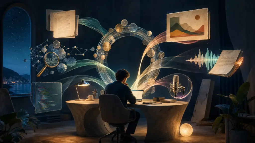 Artistic night studio where writing, research, design, meetings, code, and audio emerge from one free AI workspace