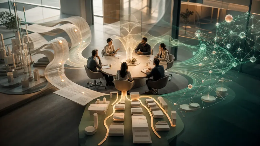 Artistic meeting scene branching into live transcription, conversation intelligence, and automated follow-up workflows