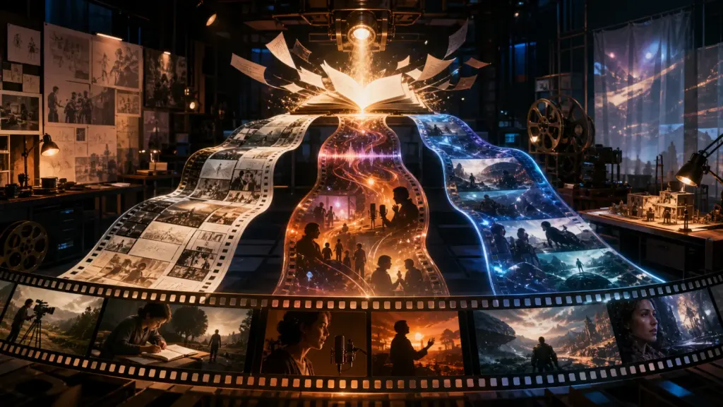 Artistic film studio where one story becomes editorial, voice-led, and generative AI video paths